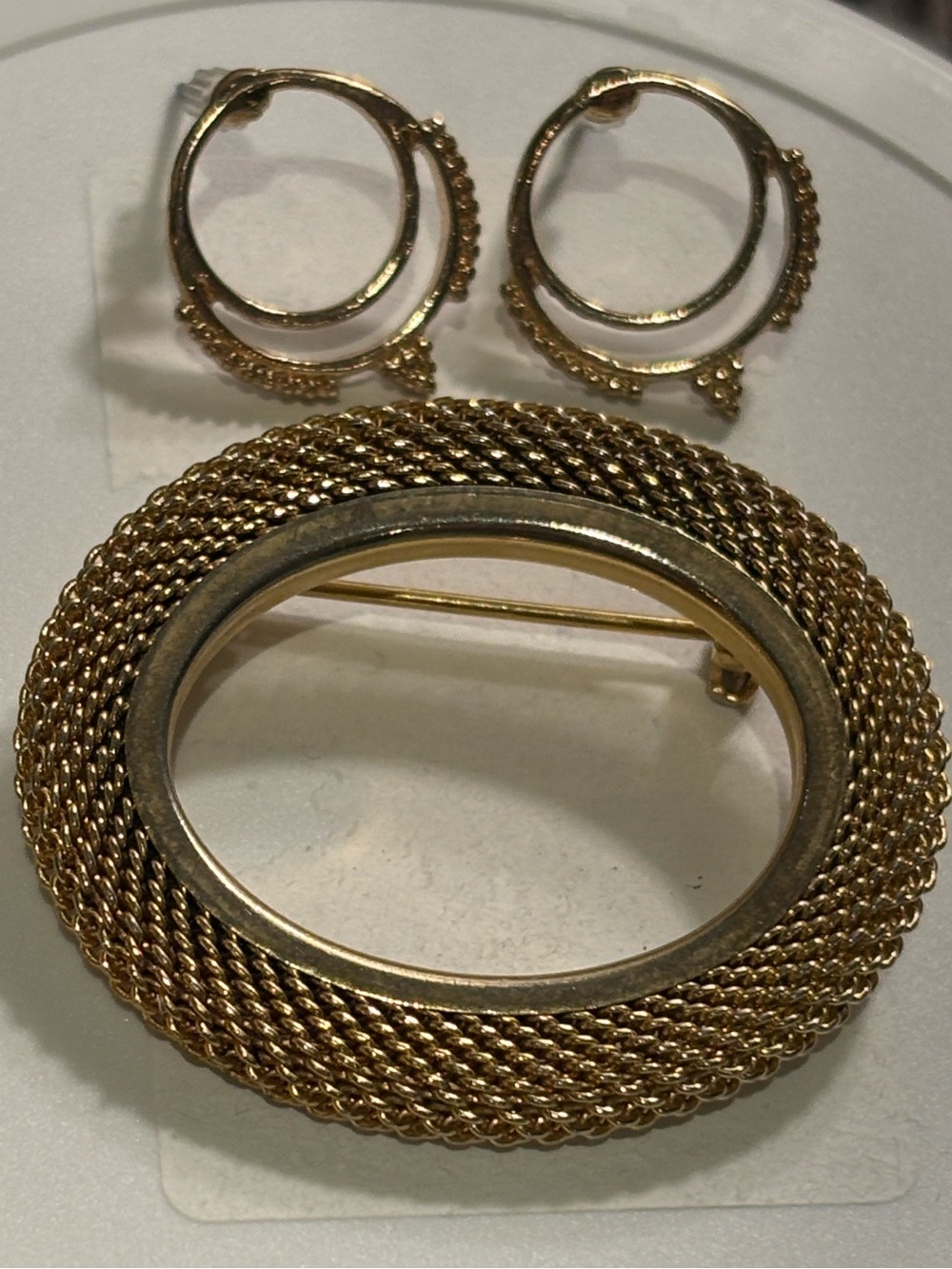 Gold-Tone Mesh Circle Brooch and round Earring Set
